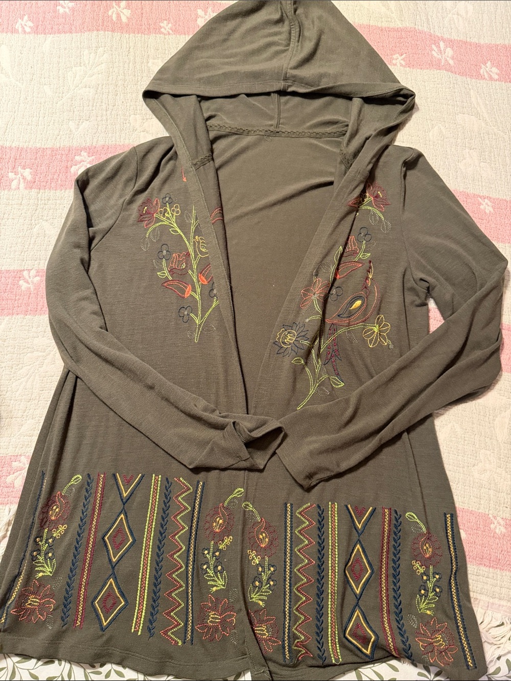 Nordstrom Rack FALL COLORED Embroidered Hooded Open Cardigan Sweater - M NEW